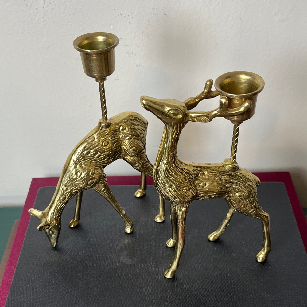 Pair Vintage Brass Deer Doe & Buck Taper Candlestick‎ Holders